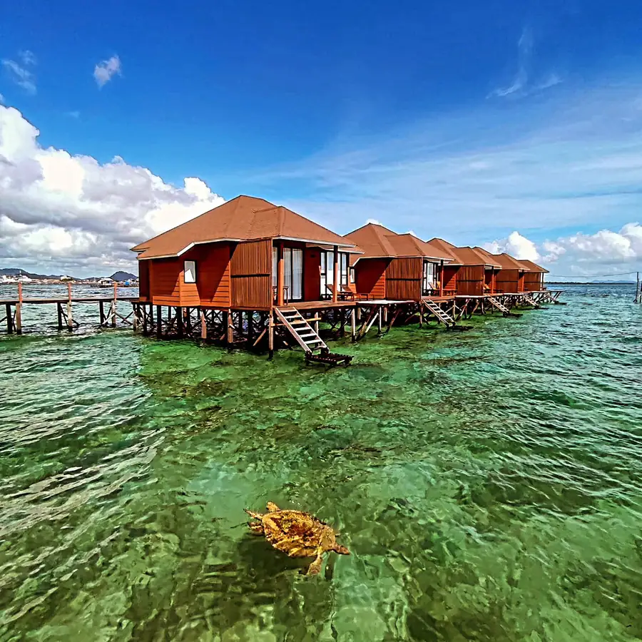 Aerial view of Sea Star Resort overwater chalets in the Semporna, Sabah, Malaysia
